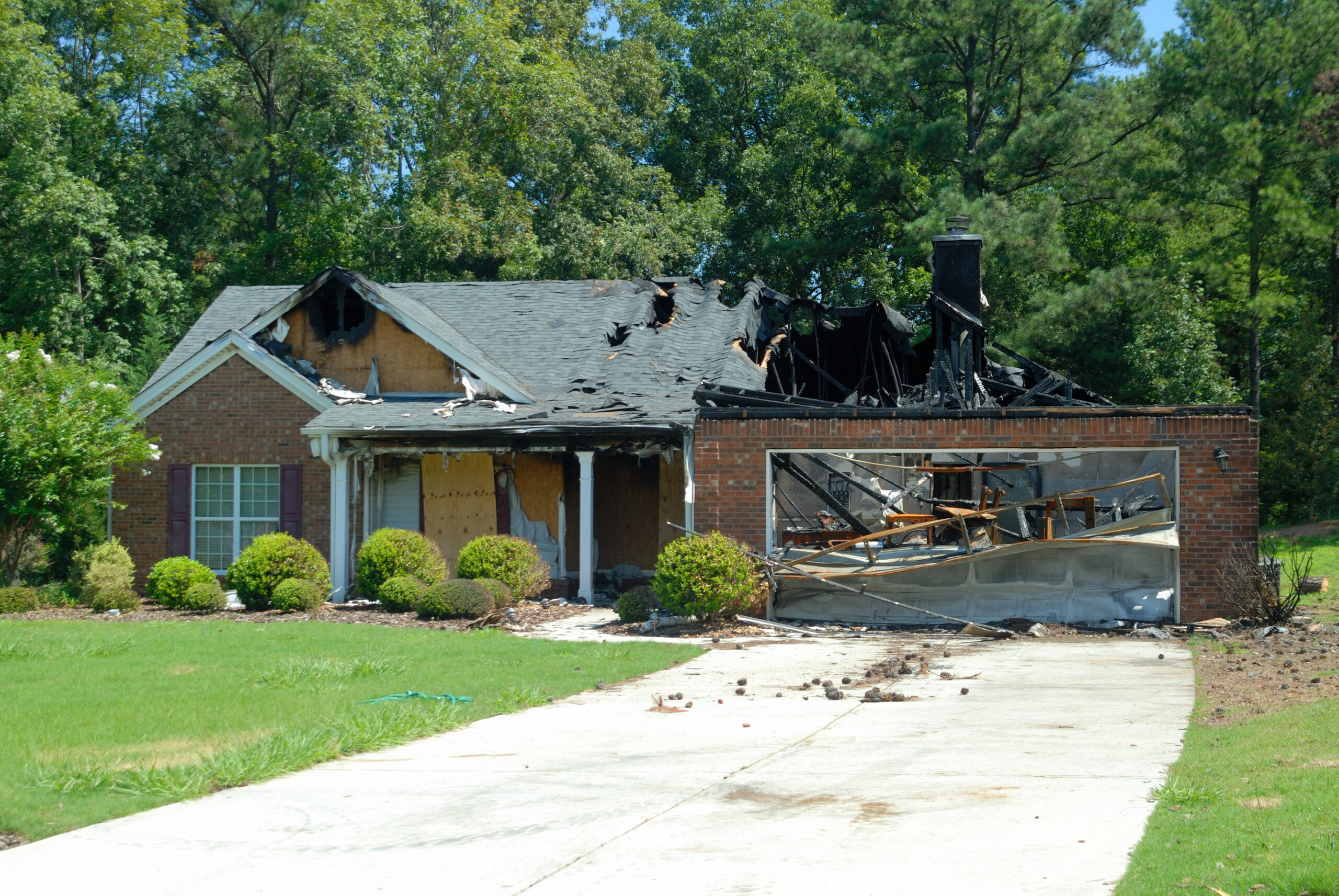 House damaged by fire caused be a lightning strike in rural USA